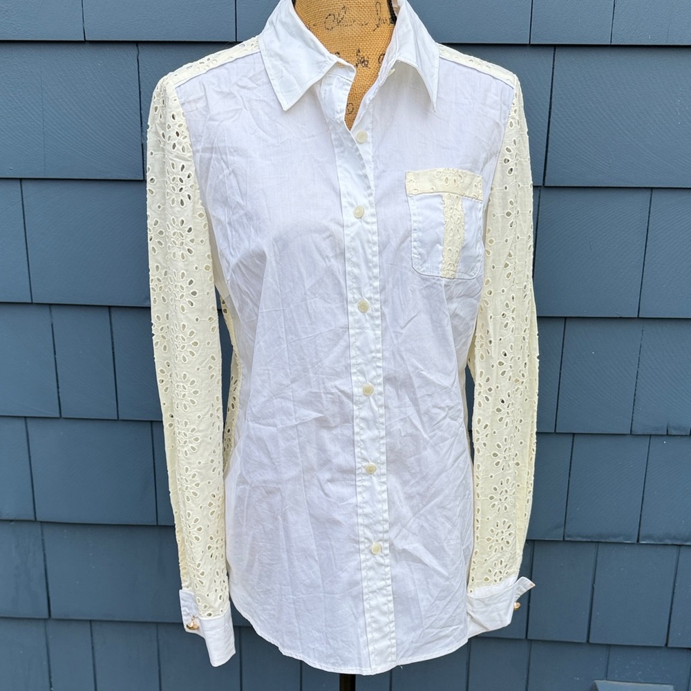Tory Burch White Eyelet Sleeve Button-Down Shirt 12 medium